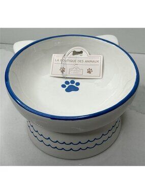 10 Strawberry Street Ears Up Elevated Cat Bowl, White Blue, 7-oz New